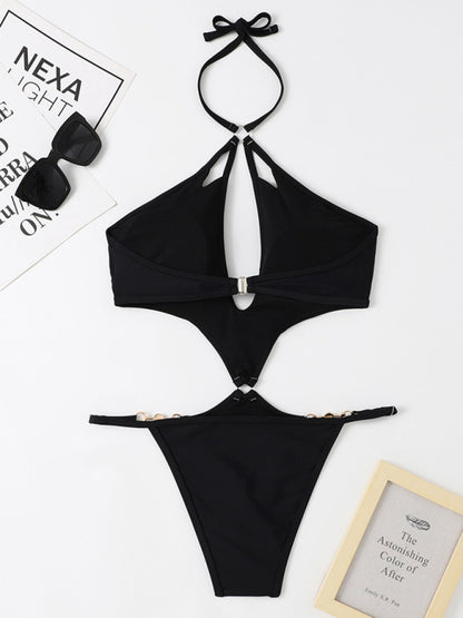 Women's Solid Color Cut-out Pearl Chain Halter One-piece Bikini Swimwear Sets - Healthier Me Beauty, LLC