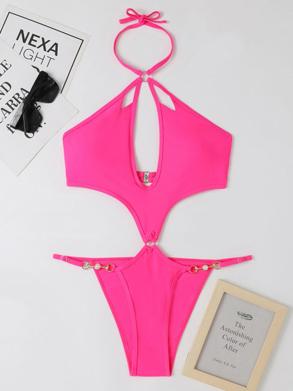 Women's Solid Color Cut-out Pearl Chain Halter One-piece Bikini Swimwear Sets - Healthier Me Beauty, LLC