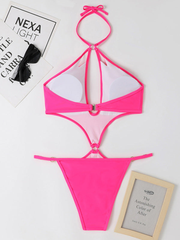 Women's Solid Color Cut-out Pearl Chain Halter One-piece Bikini Swimwear Sets - Healthier Me Beauty, LLC