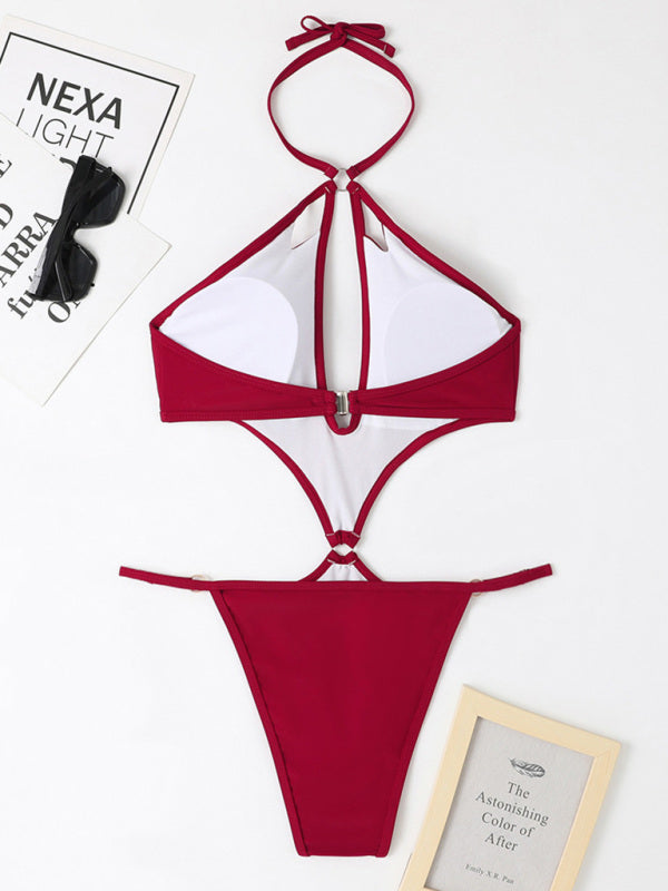Women's Solid Color Cut-out Pearl Chain Halter One-piece Bikini Swimwear Sets - Healthier Me Beauty, LLC