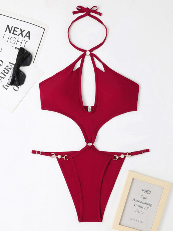 Women's Solid Color Cut-out Pearl Chain Halter One-piece Bikini Swimwear Sets - Healthier Me Beauty, LLC