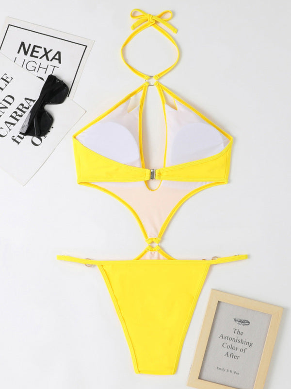 Women's Solid Color Cut-out Pearl Chain Halter One-piece Bikini Swimwear Sets - Healthier Me Beauty, LLC