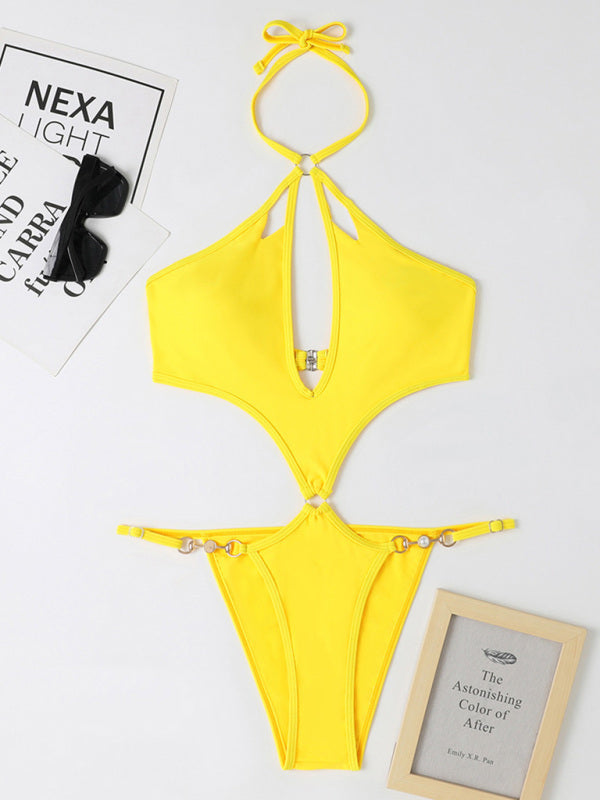 Women's Solid Color Cut-out Pearl Chain Halter One-piece Bikini Swimwear Sets - Healthier Me Beauty, LLC