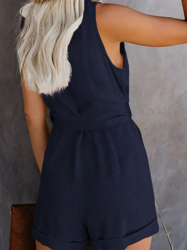 Women's Woven Fashion V-Neck Button-Up Sleeveless Jumpsuit - Healthier Me Beauty, LLC