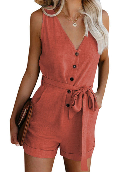 Women's Woven Fashion V-Neck Button-Up Sleeveless Jumpsuit - Healthier Me Beauty, LLC