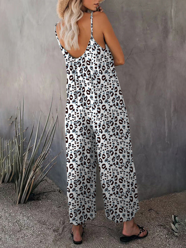 Women's Casual Sleeveless Leopard Print Pocket Loose Suspender Jumpsuit - Healthier Me Beauty, LLC