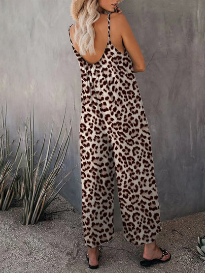 Women's Casual Sleeveless Leopard Print Pocket Loose Suspender Jumpsuit - Healthier Me Beauty, LLC