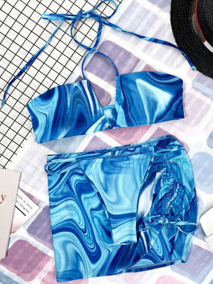 Three pack Tie Dye Cross Bikini Swimsuit & Beach Skirt