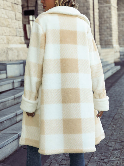 Women's lapel plaid single-breasted plush coat