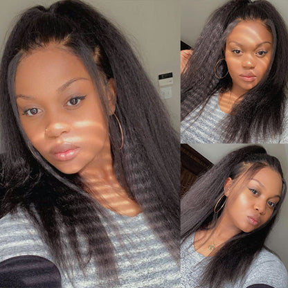 Natural Black Kinky Straight 13x4 Frontal Lace Free Part Long Wig 100% Human Hair