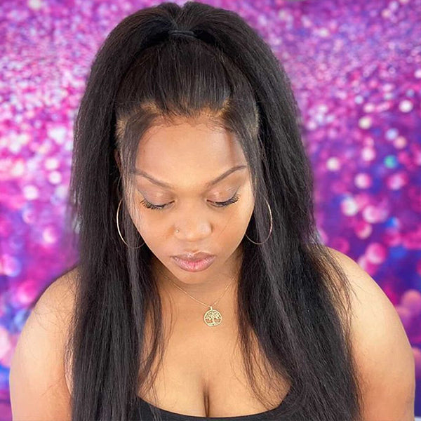 Natural Black Kinky Straight 13x4 Frontal Lace Free Part Long Wig 100% Human Hair