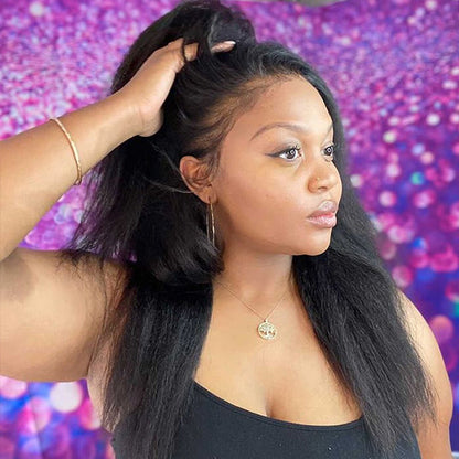 Natural Black Kinky Straight 13x4 Frontal Lace Free Part Long Wig 100% Human Hair