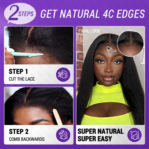 VIP Discount | 4C Edges | Kinky Edges Kinky Straight 5x5 Closure HD Lace Glueless Mid Part Long Wig 100% Human Hair