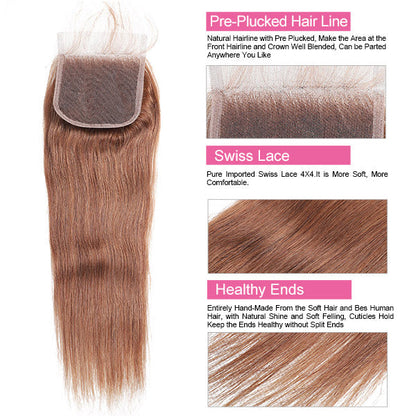 Light Brown Straight Human Hair 3 Bundles With 4x4 Closure #4 Human Hair Weave - Healthier Me Beauty, LLC