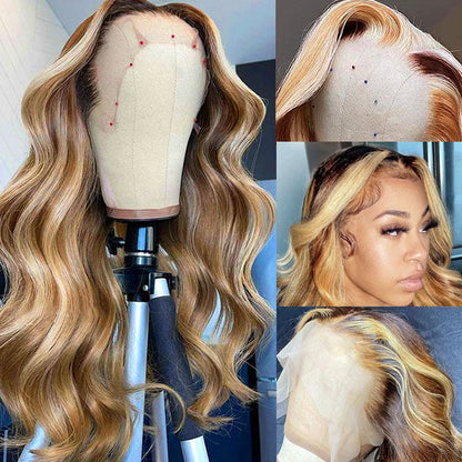 P4/613 Body Wave Wig Brown With Blonde Highlight 13x4 HD Lace Front Wigs - Healthier Me Beauty, LLC