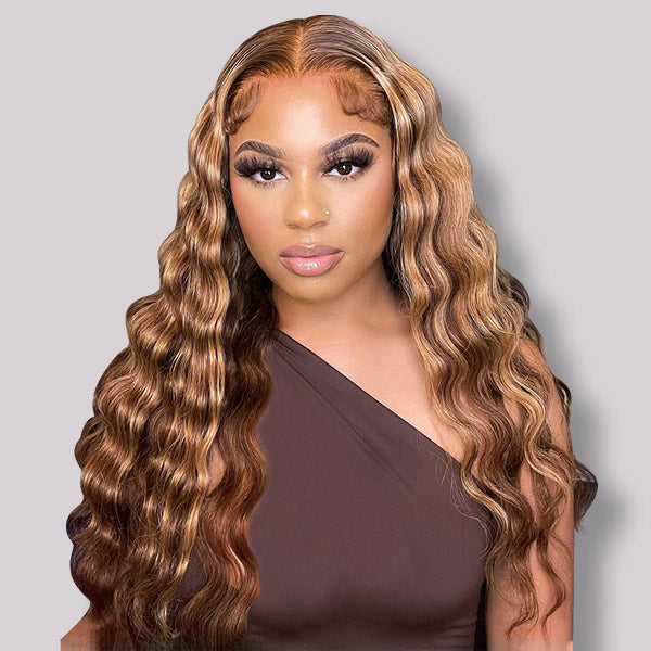 T Part Lace Wig Honey Blonde Highlighted Wig Loose Deep Wave Hair 150% Density Wig - Healthier Me Beauty, LLC