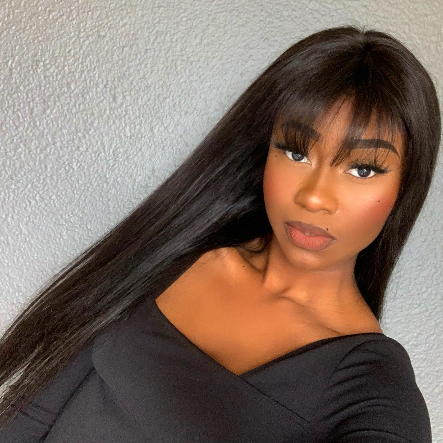 Throw On & Go Natural Black Straight No Lace Glueless Long Wig With Bangs 100% Human Hair