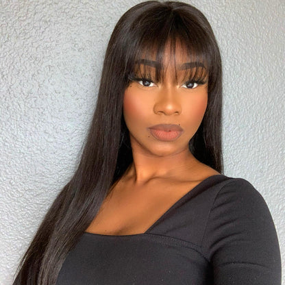 Throw On & Go Natural Black Straight No Lace Glueless Long Wig With Bangs 100% Human Hair