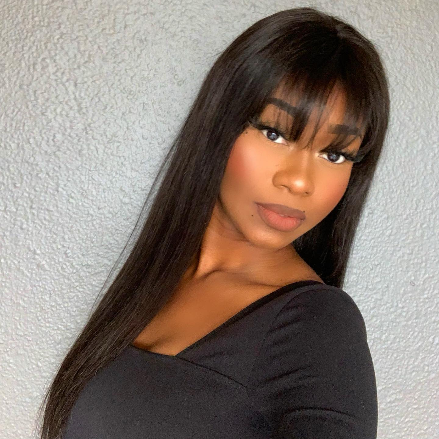 Throw On & Go Natural Black Straight No Lace Glueless Long Wig With Bangs 100% Human Hair