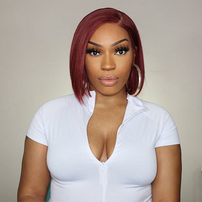 Points Rewards | Reddish Purple Side Part Glueless Wide T Lace Bob Wig 100% Human Hair