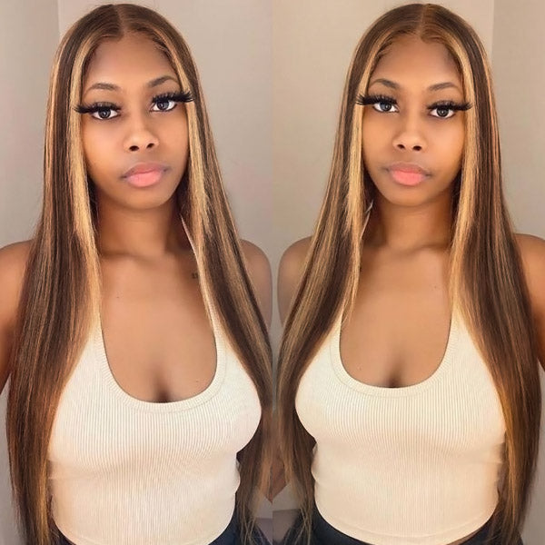Honey Blonde Highlight Wig 4x4 Lace Closure Wigs Straight Human Hair Balayage Wigs 5x5 Lace Wig - Healthier Me Beauty, LLC