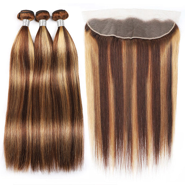 Highlight Bundles with Lace Frontal P4/27 Brazilian Straight Human Hair with HD 13x4 Lace Front Closure - Healthier Me Beauty, LLC