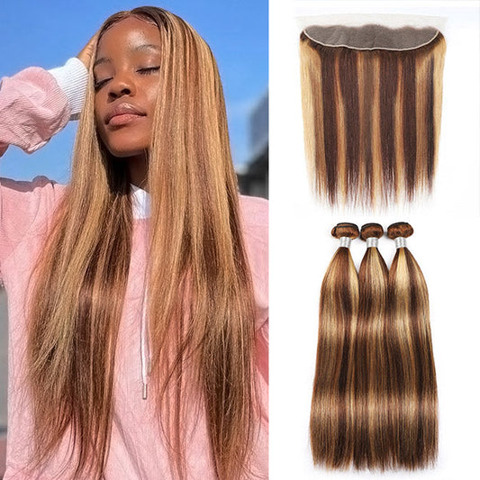 Peruvian Straight Hair Honey Blonde Highlights Hair Bundles with 13x4 Lace Frontal Closure Ear to Ear - Healthier Me Beauty, LLC